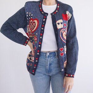 Vintage Heirloom Collections Blue Red Embroidered Valentine Heart Cardigan M